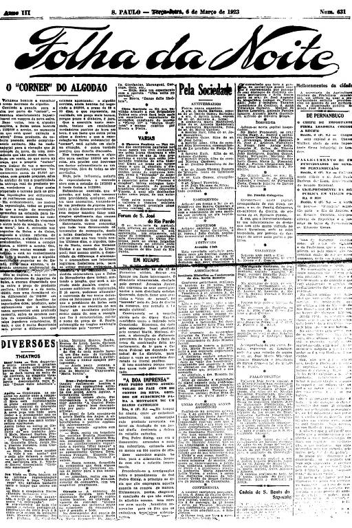 Primeira Página da Folha da Noite de 6 de março de 1923