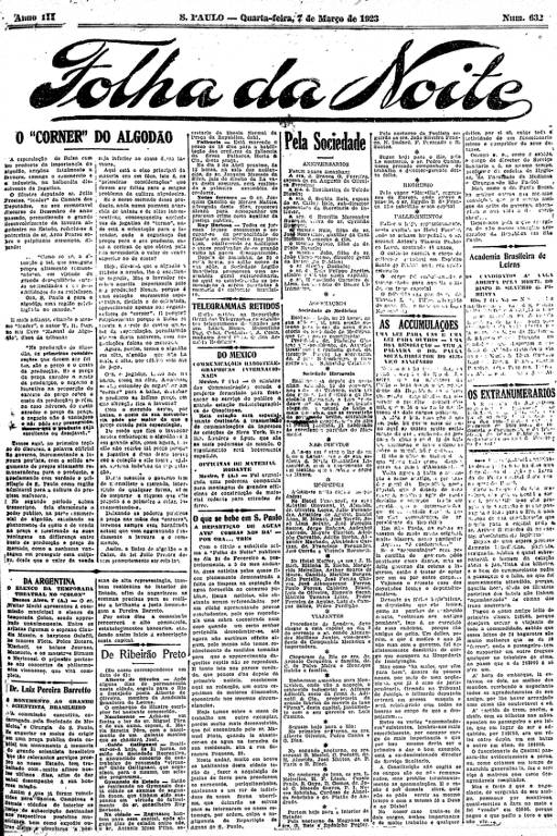Primeira Página da Folha da Noite de 7 de março de 1923