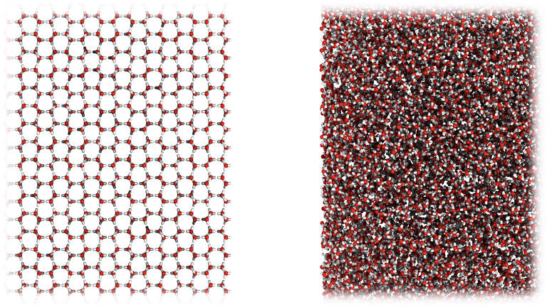 Comparação entre as estruturas moleculares do cristal de gelo normal, à esquerda, e do gelo amorfo de média densidade