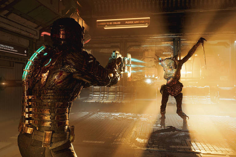 Imagem de computador mostra protagonista de Dead Space atirando em monstro alienígena
