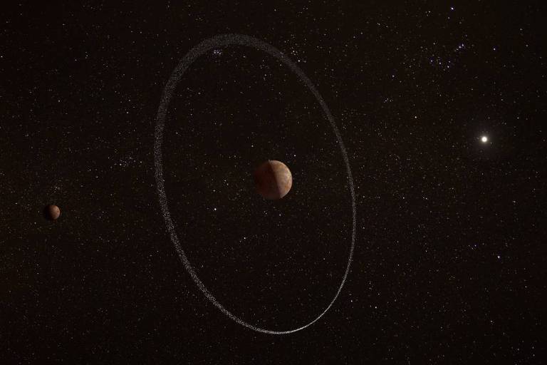 Concepção artística de Quaoar e seu anel. Ao fundo se vê sua única lua conhecida, Weywot (à esquerda), e o Sol (à direita).
