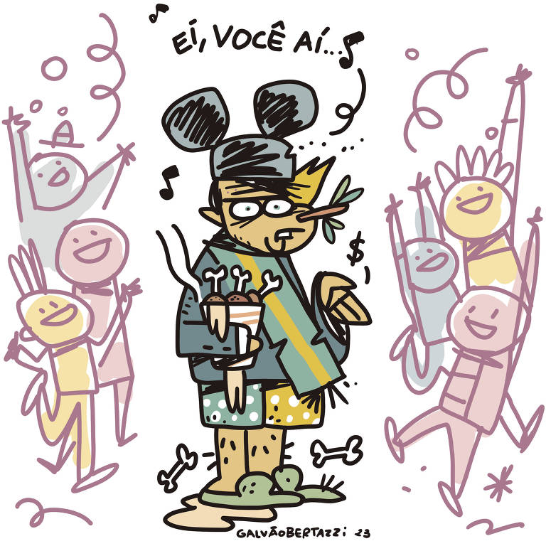 Na ilustração de Galvão Bertazzi temos um folião carnavalesco fantasiado de Jair Bolsonaro, que também está fantasiado de mendigo norte americano, com um chapeuzinho do Mickey, faixa presidencial brasileira, segurando um balde de frango frito e gorduroso. Ele usa samba canção verde e amarela e pantufas. Ele estende a mão pedindo esmola enquanto canta; "EI VOCÊ AÍ, ME DÁ UM DINHEIRO AÍ..."  Tacirtuno, ele está cercado por foliões alegres.