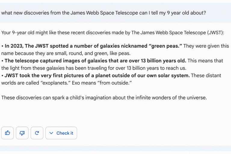 Printscreen da pergunta feita ao Bard sobre as descobertas do telescópio James Webb. O robô responde: as primeiras imagens capturadas de planetas fora do Sistema Solar.