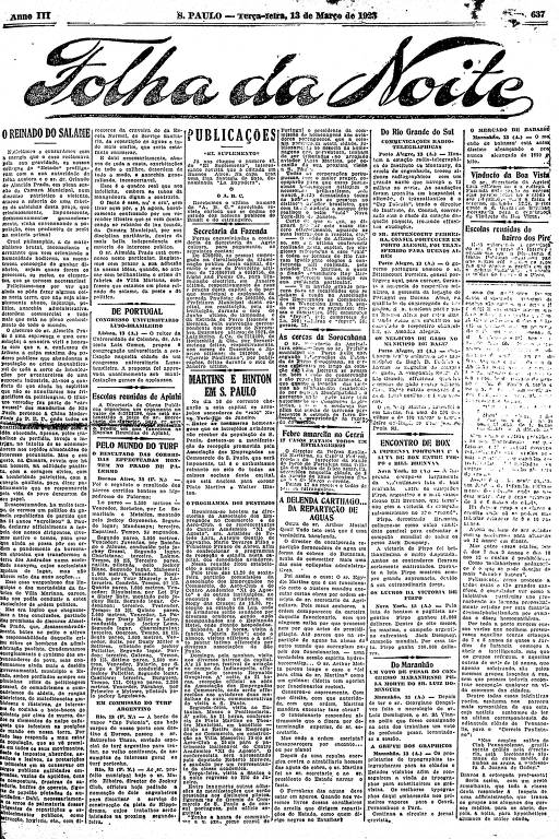 Primeira Página da Folha da Noite de 13 de março de 1923