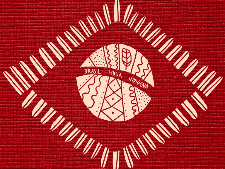 Ilustração de Renaya Dorea mostra, sobre um fundo vermelho com textura de tecido, uma bandeira do Brasil alterada. Em branco, o losango é formado por penas estilizadas. O círculo também em branco, traz elementos e grafismos indígenas. A faixa traz as palavras: "Brasil terra indígena."