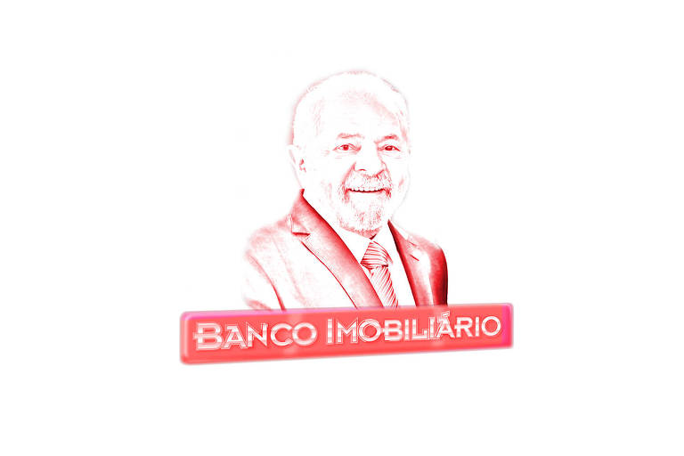 Sobre um fundo branco há o logo do Banco Imobiliário e ao invés dos típicos prédios há um desenho do Lula, o letreiro e o desenho estão na cor vermelha.