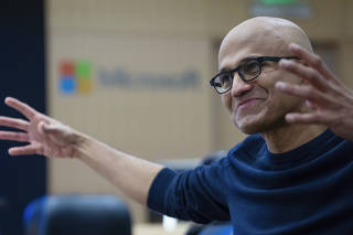 Satya Nadella, Microsoft's chief executive, speaks with reporters at an event introducing the new AI-powered Bing search engine at Microsoft's campus in Redmond, Wash., Feb. 7, 2023. (Ruth Fremson/The New York Times)