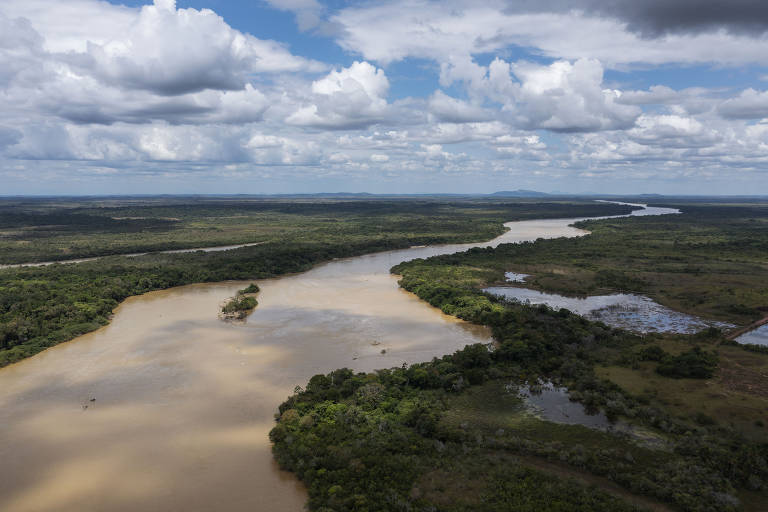 Vista aérea do rio Uraricoera, próximo da Terra Indígena Boqueirão, em Roraima