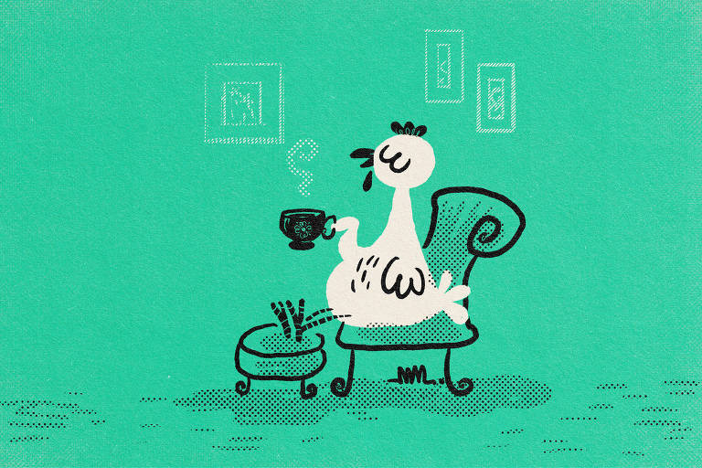 Na ilustração de Marcelo Martinez: uma galinha toma seu chá sentada em uma cadeira. O fundo é verde.