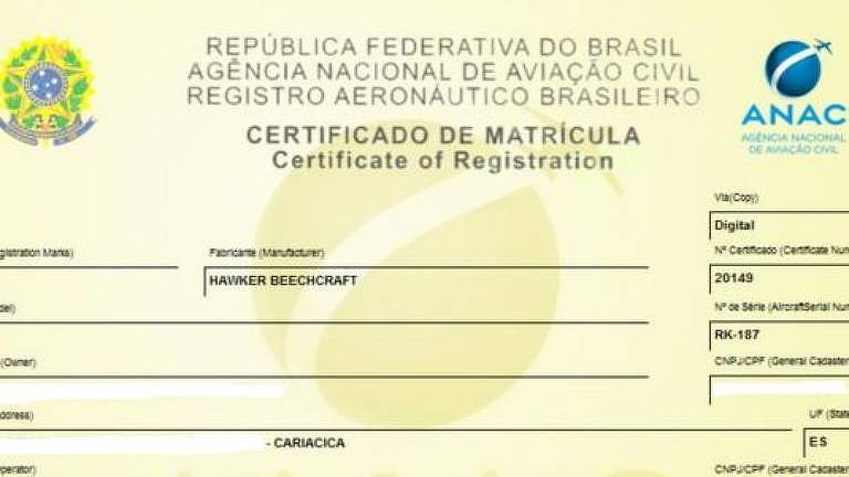 Certificado de matrícula da aeronave Hawker Beechcraft