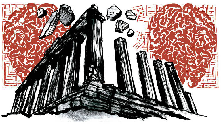 Colunas gregas em ruínas ocupam o centro da composição, cercadas, dos dois lados pela imagem estilizada de um cérebro sobreposto a um labirinto que se assemelha a uma placa interna de computadores.