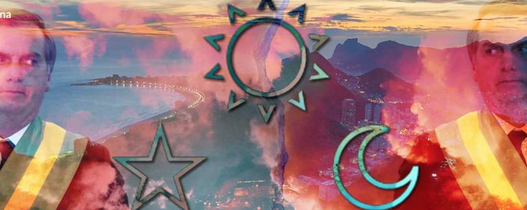 Sol, estrela e lua, símbolos da UDV, sobrepostos com imagem de Jair Bolsonaro e vista do Rio de Janeiro