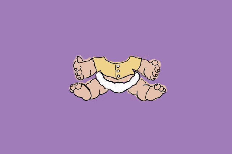 Ilustração com fundo roxo do Baby da Família Dinossauros, ele tem os braços e pernas aberta e não tem cabeça.