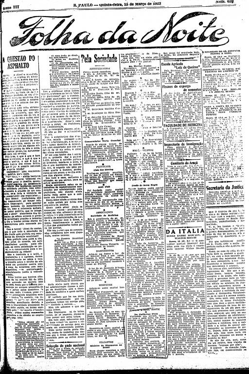 Primeira Página da Folha da Noite de 15 de março de 1923