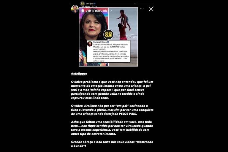 Pai de Enzo compartilhou publicação sobre crítica de Samara Felippo e comentou, marcando a atriz em seus stories