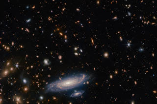 An image captured by the James Webb Space Telescope shows stars and galaxies surrounding the spiral galaxy LEDA 2046648. (ESA/Webb, NASA & CSA, A. Martel via The New York Times)
