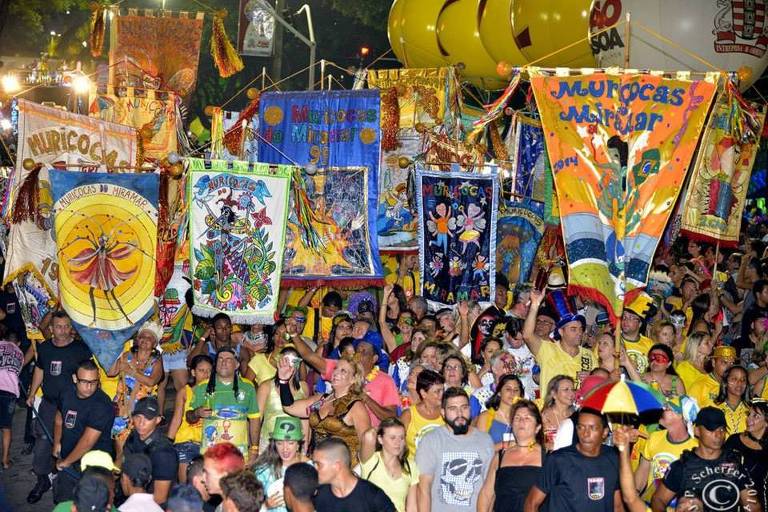 mulidão com estandartes coloridos de carnaval