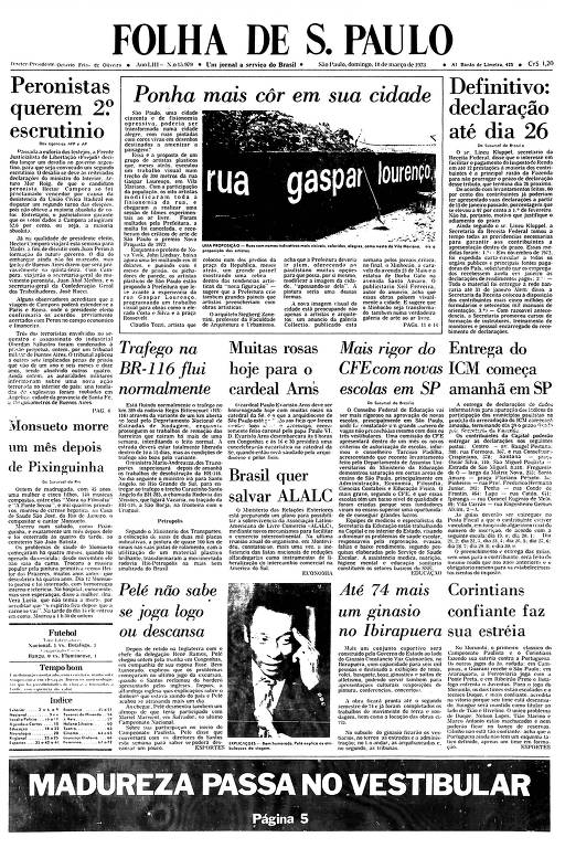 Primeira Página da Folha de 18 de março de 1973