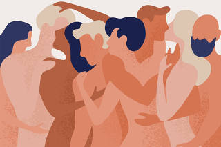 Crowd of naked men and women hugging and kissing. Concept of polygamy, polyamory, open intimate romantic and sexual relationship, free love. Colorful vector illustration in flat cartoon style.