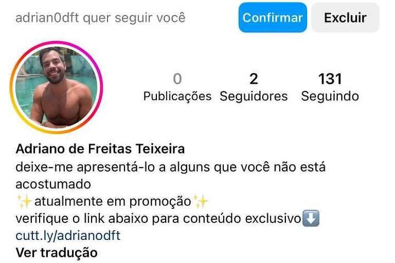 Perfil falso do goiano Adriano Teixeira excluído pelo Instagram após denúncias. A biografia da conta diz: "verifique o link abaixo para conteúdo exclusivo"