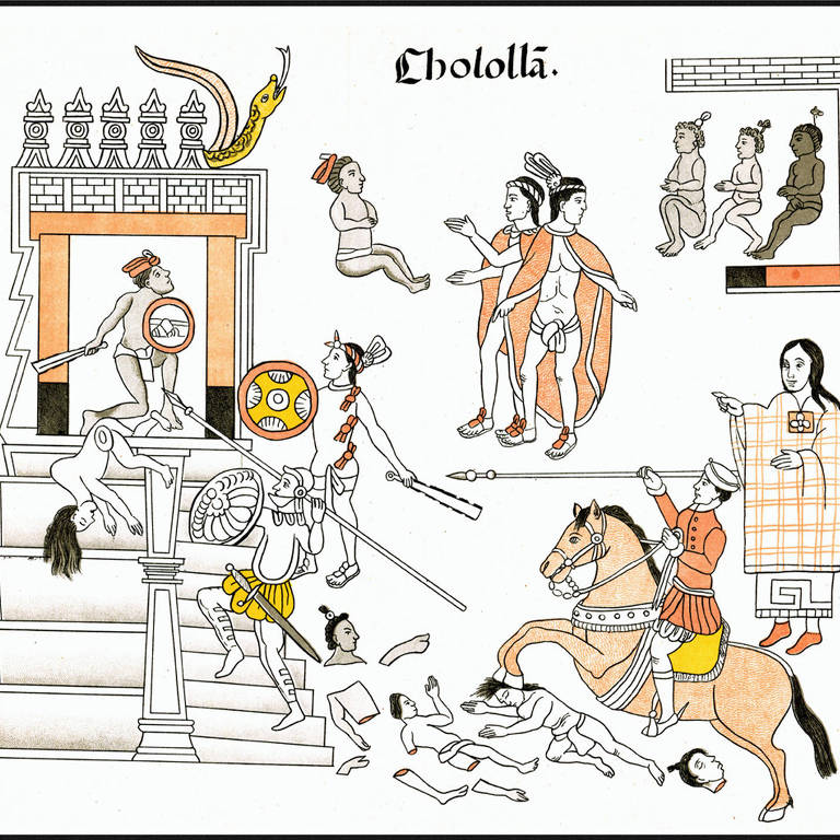 Desenho feito por indígenas mostrando ataque dos espanhóis no México no século 16