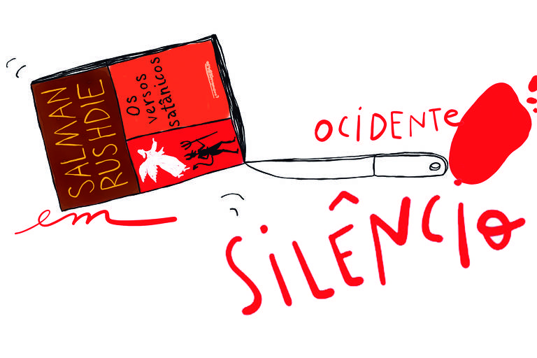 Na imagem criada por Luiza Pannunzio uma faca equilibra o livro Os versos Satânicos de Salman Rushdie em cima de uma poça de sangue. A frase "ocidente em silêncio" compõe o desenho.