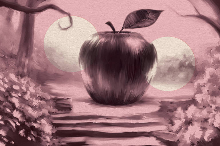 A ilustração de Adams Carvalho, publicada na Folha de São Paulo no dia 19 de Fevereiro de 2023, mostra o desenho de uma maçã gigante em um jardim bucólico, pintada num monocromatismo róseo