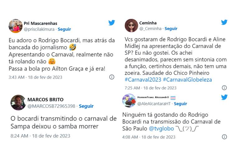 Publicações no Twitter criticam apresentação de Bocardi do Carnaval de SP pela TV Globo