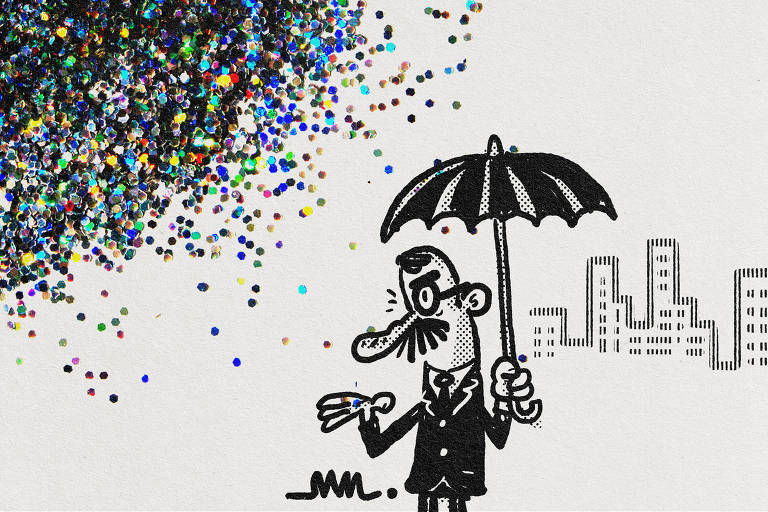 Na ilustração de Marcelo Martinez, um homem rabugento, de terno, com seu guarda-chuva aberto, percebe que uma nuvem de glitter se aproxima, como uma tempestade