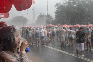 Carnaval em Sao Paulo:  Forte chuva afasta folioes na av Pedro Alvares da Cabral (no Ibirapuera) durante desfile do  bloco Agrada  Gregos