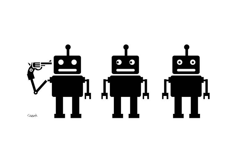 Ilustração mostra 3 robôs pretos em um fundo branco. O primeiro segura um revólver contra a própria cabeça. O do meio olha para ele, e o terceiro, olha para a frente