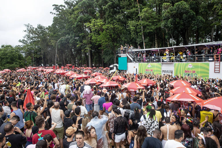 Foliões acompanham bloco da Pabllo Vittar ao lado do parque do Ibirapuera, em São Paulo