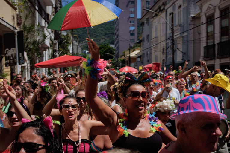 Foliões no bloco "Bagunça meu Coreto", que percorreu as ruas de Laranjeiras, na zona sul do Rio de Janeiro