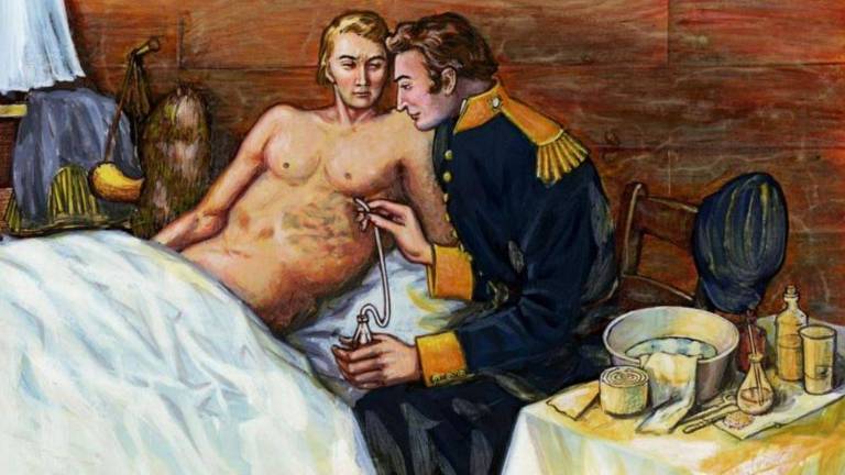 Pintura antiga mostra médico analisando um homem deitado em uma cama