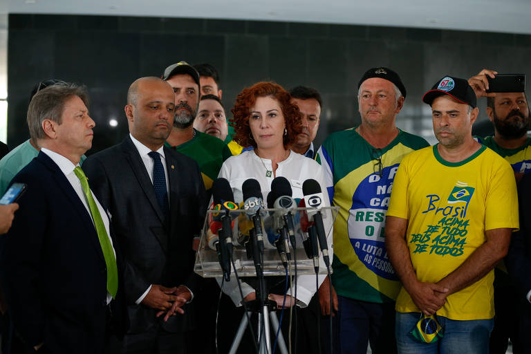 Os deputados federais Carla Zambelli, Major Victor Hugo e Bibo Nunes, acompanhados de representantes de caminhoneiros em greve, durante coletiva de imprensa no Palácio do Planalto, após a comitiva ser recebida pelo presidente Jair Bolsonaro