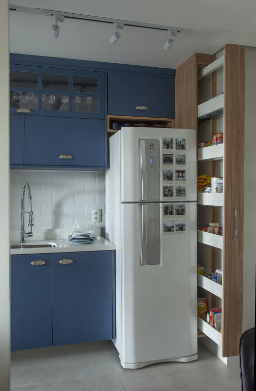 Cozinha com Armário de correr para itens de despensa que aproveita o espaço entre a parede e a geladeira