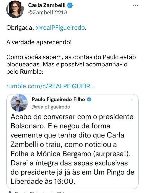 Carla Zambelli divulga no Twitter uma postagem de Paulo Figueiredo em que ele afirma ter conversado com Jair Bolsonaro sobre o tema 