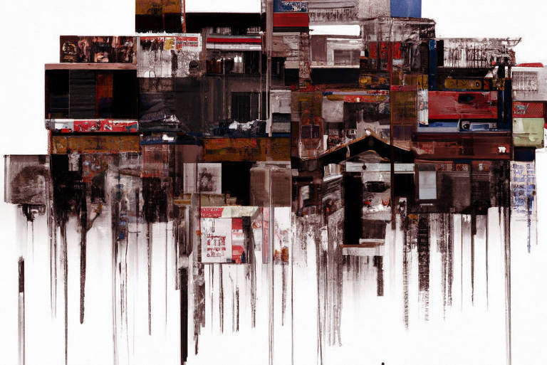Imagem estilizada com fachadas de casas e favelas com rastros caindo da parte de baixo como chuva.