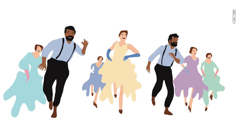 Ilustração com fundo branco apresenta uma cena do filme RRR na qual os personagens dançam. Cinco mulheres estão ao fundo em tons pastéis e vestidos de época e à frente estão dois homens com calça preta e suspensório. 