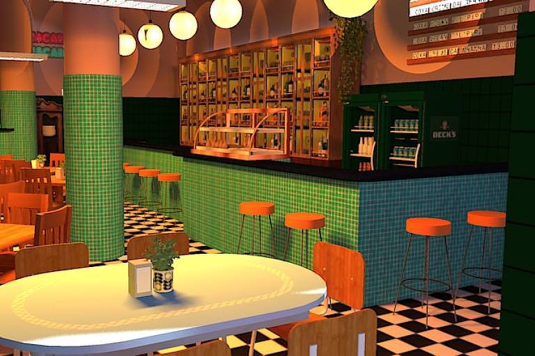 Ambiente de bar com decoração colorida em tons pasteis de rosa, verde e azul; o chão é quadriculado e a parede à direita tem uma prateleira com bebidas  