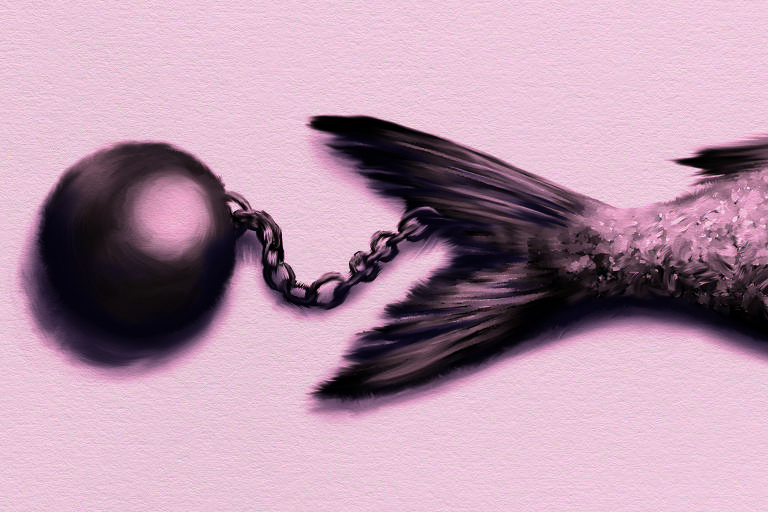 A ilustração de Adams Carvalho, publicada na Folha de São Paulo no dia 26 de Fevereiro de 2023, mostra o desenho de uma bola de ferro com uma corrente presa em uma cauda de peixe.