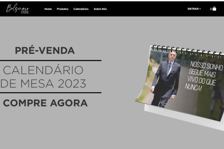 Reprodução da home do site mostra um calendário de mesa com a foto do ex-presidente Bolsonaro