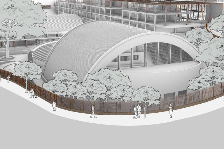 Projeção de como ficará o entorno do centro esportivo do Pacaembu; muro será substituído por gradil