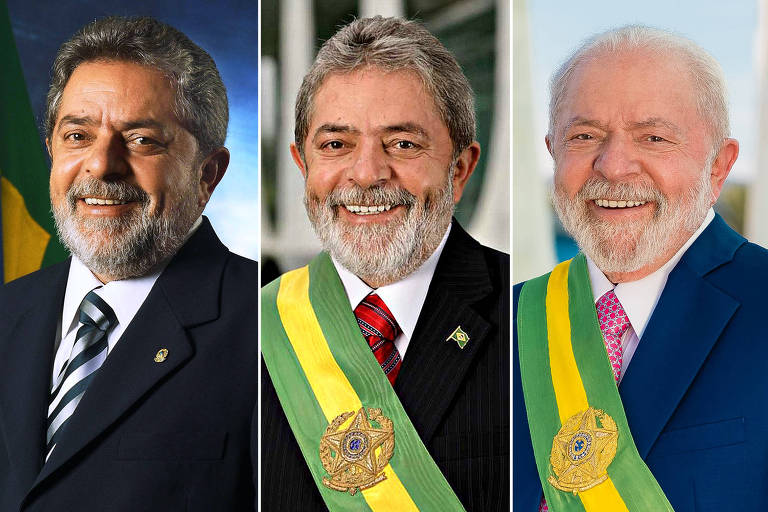 Montagem mostram as fotos iniciais de início de governo; no primeiro mandato, Lula usava terno e gravata sem vermelho, cor símbolo do PT; no segundo, o vermelho apareceu em tom mais intenso na gravata, e agora, mais suave