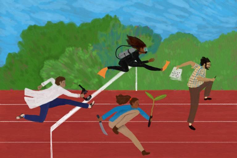 Arte ilustra pessoas em uma corrida de obstáculos; há uma mergulhadora, um professor, uma botânica segurando uma muda e um facão, e um cientista de jaleco e segurando um microscópio, em última posição.