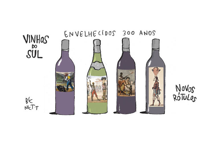 A charge tem o título "Vinhos do Sim - envelhecidos 300 anos. Novos Rótulos". Ela mostra o desenho de quatro tipos de garrafas de vinhos. Nos rótulos de cada garrafa, desenhos de Jean-Baptiste Debret, que retratou em sua passagem pelo Brasil no século XIX, cenas de escravos trabalhando e sendo maltratados.