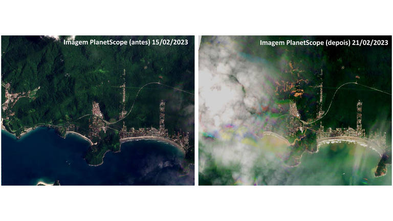 fotos aéreas mostram área antes da chuva à esquerda e área afetada por chuva e deslizamentos de terra à direita