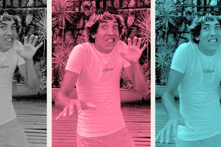 Em três fotos, lado a lado, o influencer Xurrasco faz dança irreverente em montagem de Thallys Braga com fotos de Tiago Coelho