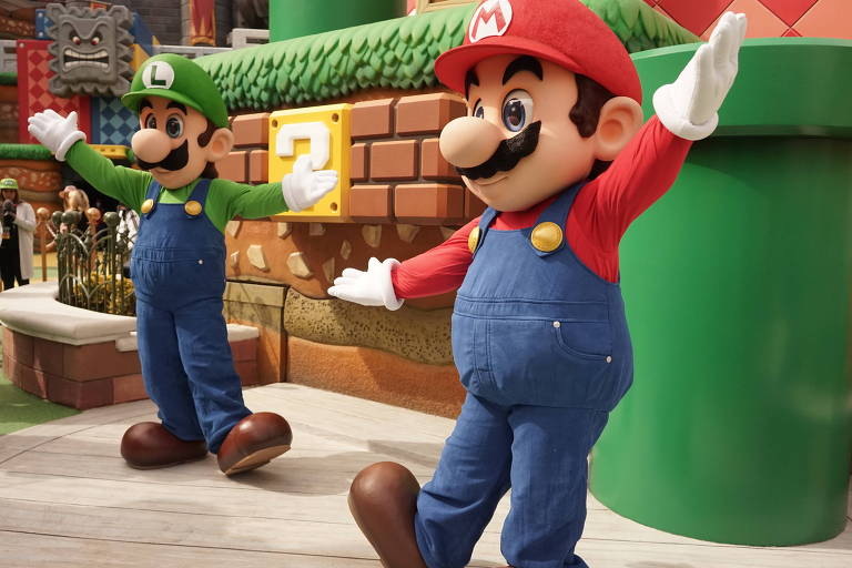 Funcionários vestidos como Luigi e Mario na ala dedicada à Nintendo no parque da Universal Studios Hollywood, em Los Angeles