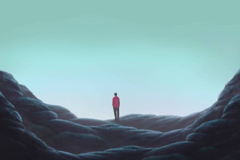 Man alone on rock, lonely, depression, sad, surreal painting illustration, artwork
